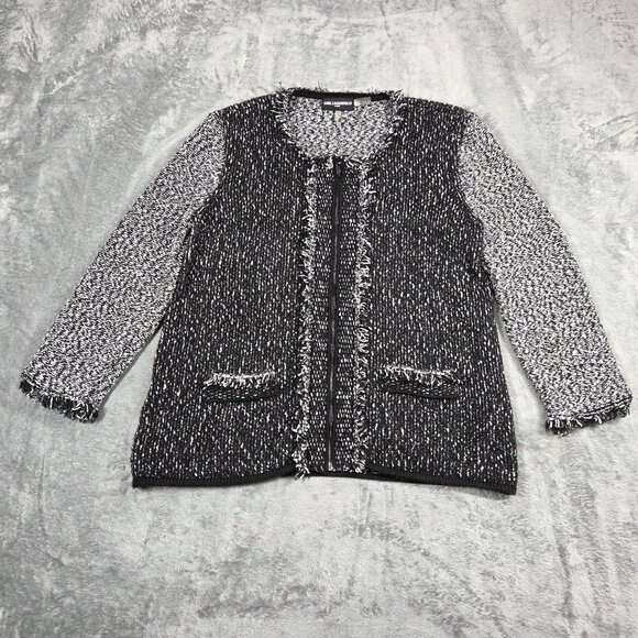 Karl Lagerfeld Cardigan Womens Large Black Two Tone Zip Up Fringe Casual Preppy - Picture 1 of 6